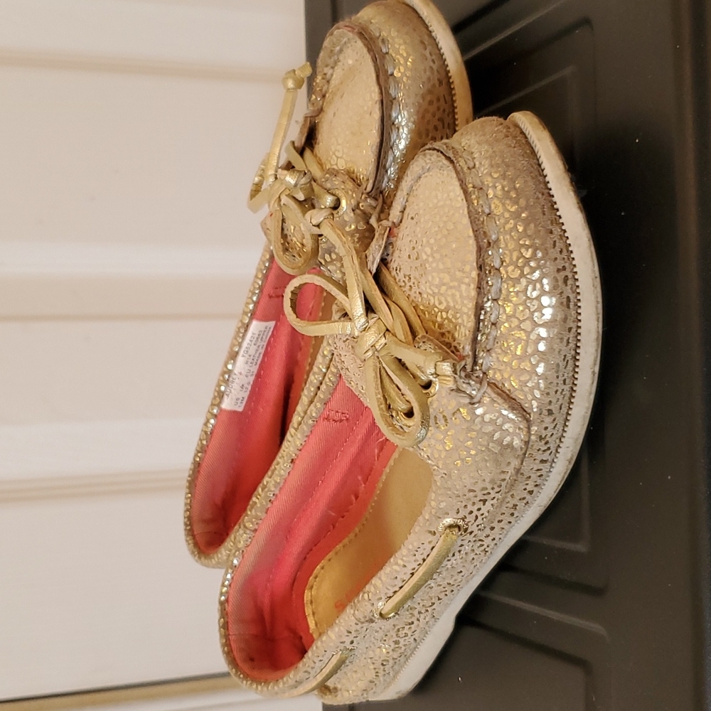 Gold animal print kids Sperry's